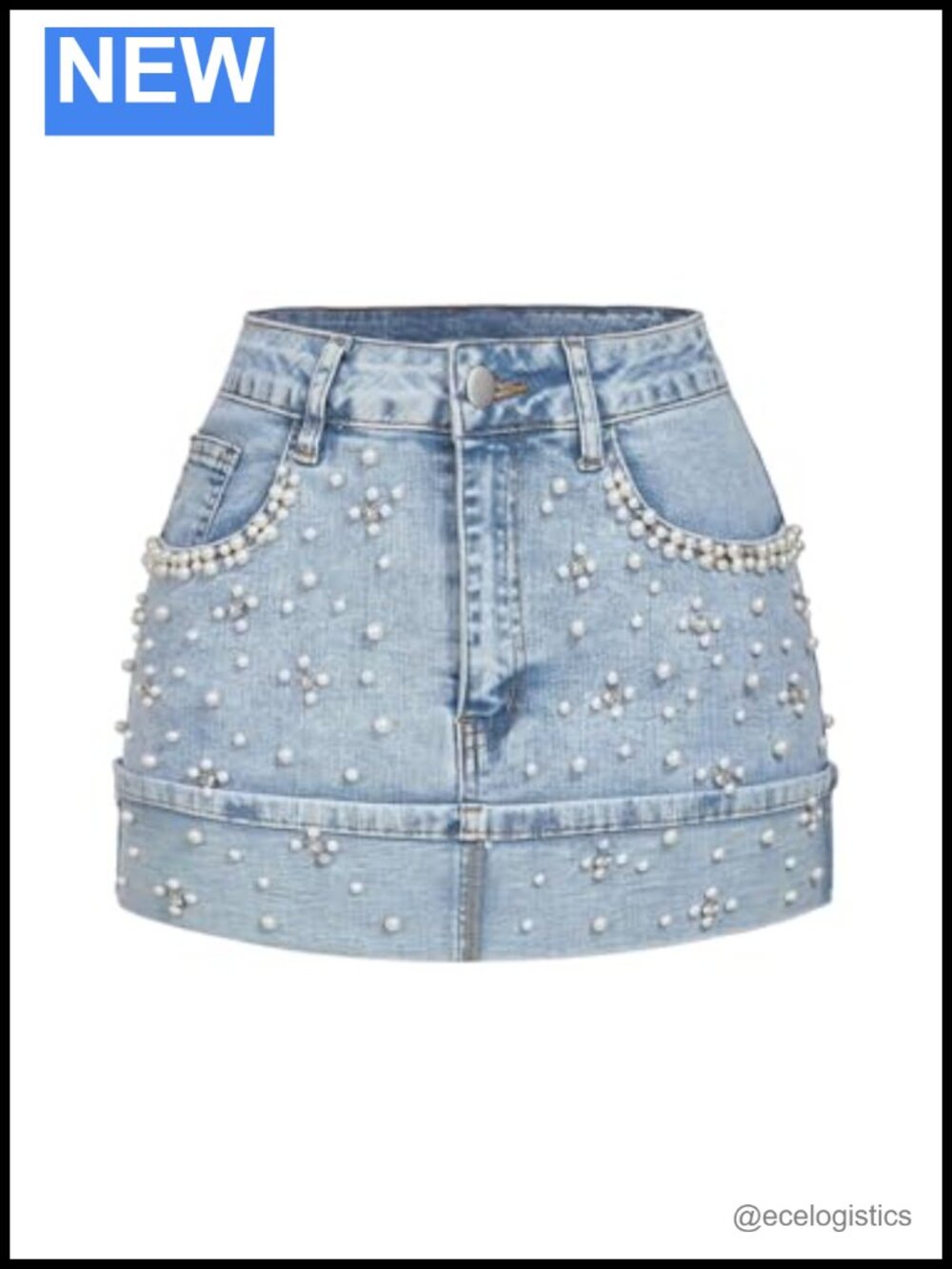 Women's Pearl Rhinestone Denim Mini Skirt Mid Rise Stretch Button Pockets
